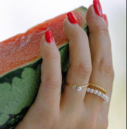 BAGUE PERLÉ BLANCHE DOUBLE RANGS EN ACIER