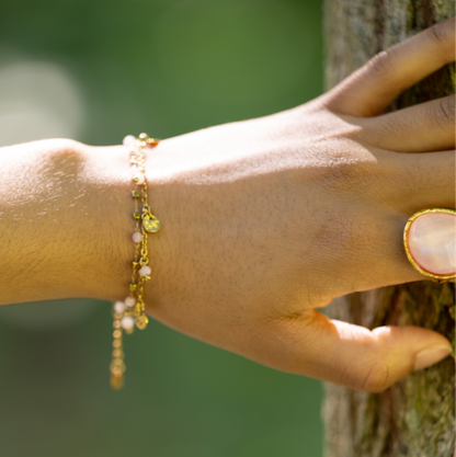 BRACELET DOUBLE RANGS EN ACIER INOXYDABLE AVEC BRELOQUE ROSE
