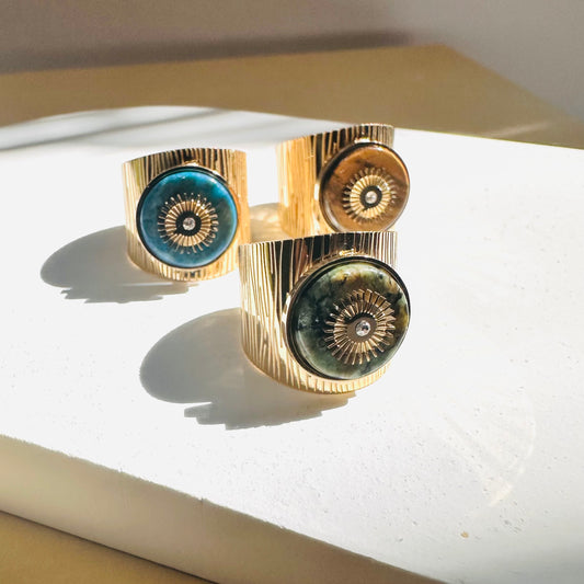 bague avec pierre de couleur en acier vert marron bleu 